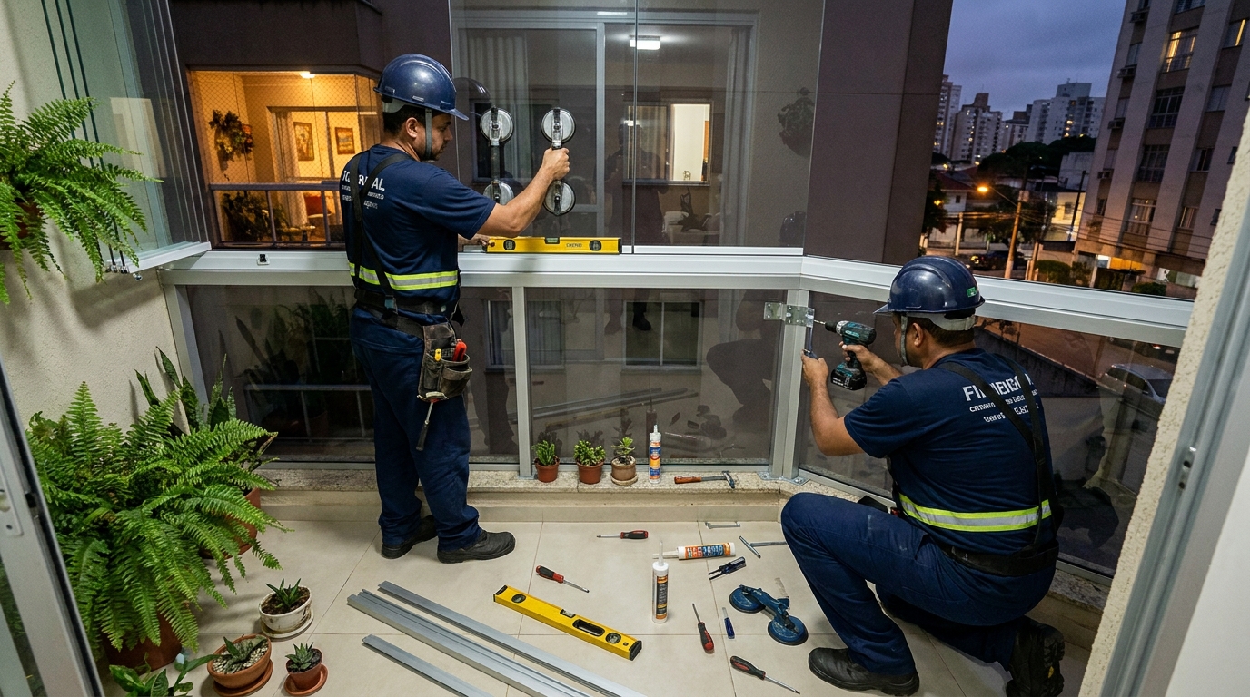 Instalação noturna de parede de vidro em Carapicuíba-SP
