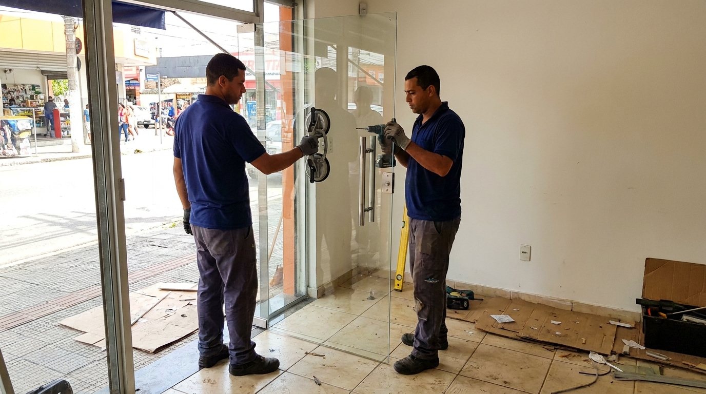 Porta de vidro de loja em rua movimentada em Carapicuíba-SP